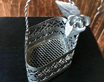 Vintage Decorative Mini Silver Basket with Rose on the Handle / Easter Candy Basket
