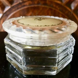 Art Deco Glass Vanity Dresser Jar with Celluloid Lid and Pink Floral Decoration with Rippled Glass Octagon Shaped Base