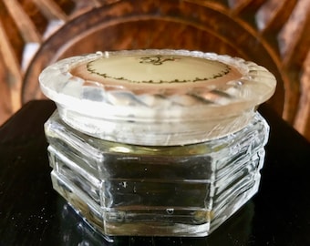 Art Deco Glass Vanity Jar: Celluloid Lid, Pink Floral Decoration