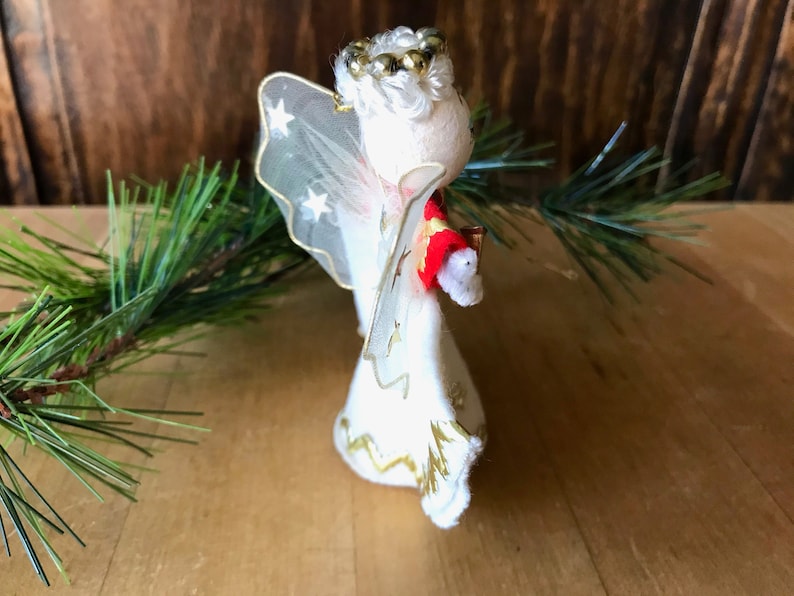 Vintage Christmas Angel with Wired Tulle Wings Spun Cotton Head and Felt Gown
