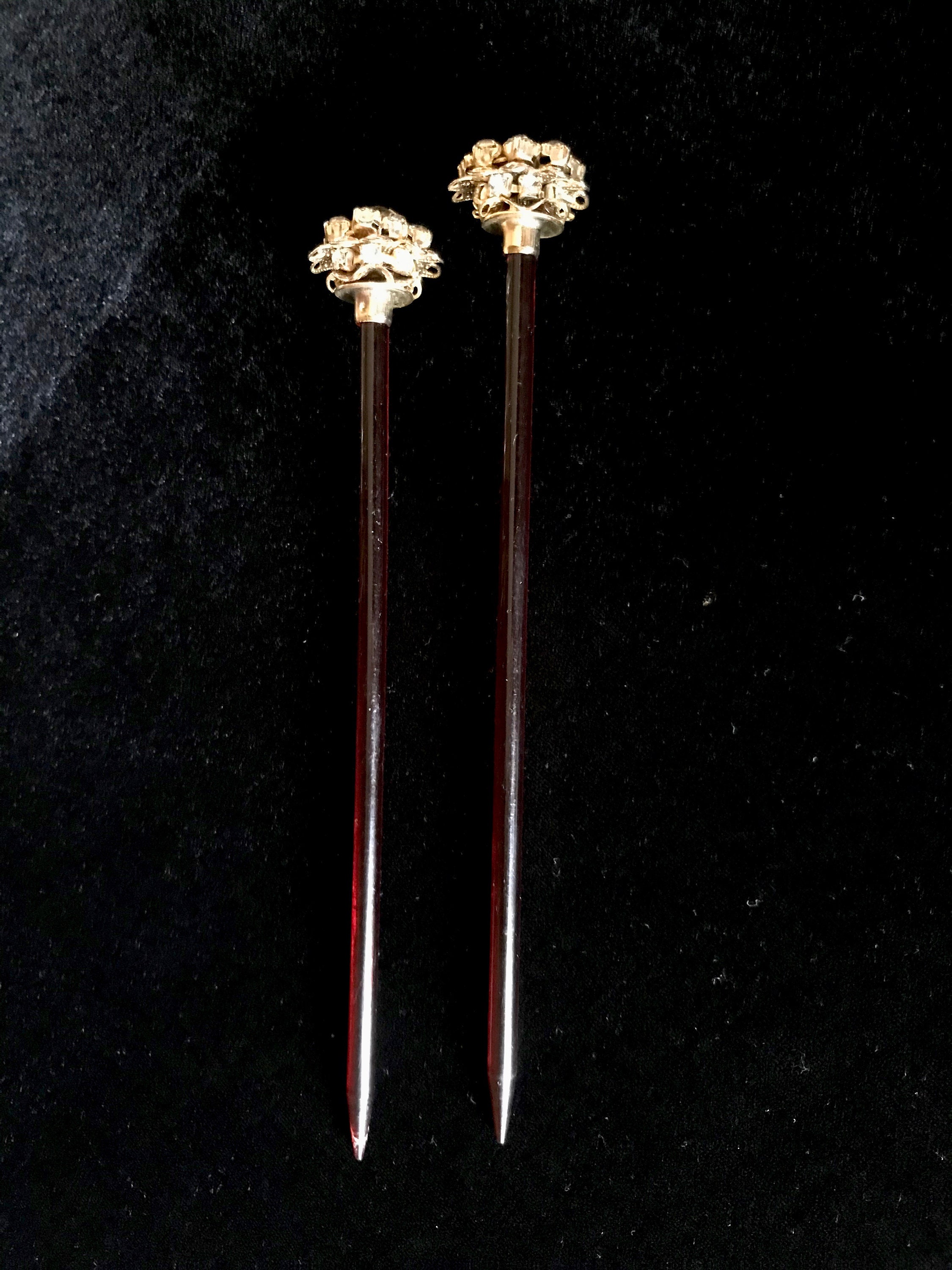 Vintage Art Deco Celluloid Rhinestone Floral Hair Sticks Set Rhinestone Pearl Flower Hair Stick Set - Vintage Chinese  main image 4