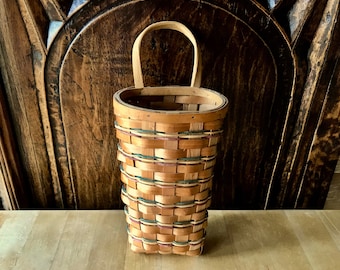 Vintage Hanging Basket with Single Handle / Woven Splint Wood and Colored Wicker