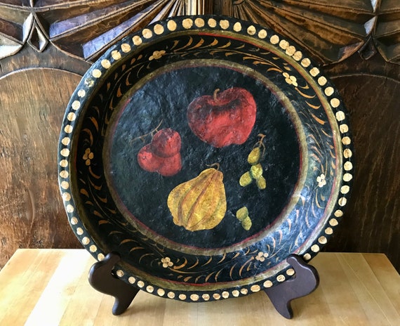 Decorative Hand-Painted Paper Mache Bowl w/ Black Pattern