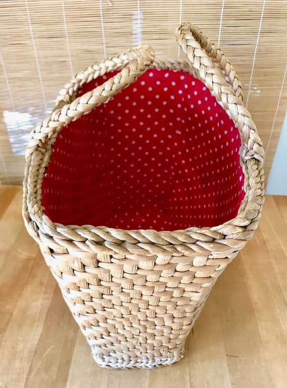 Red Polka Dot Lined Woven Straw Tote / Vintage Go… - image 4