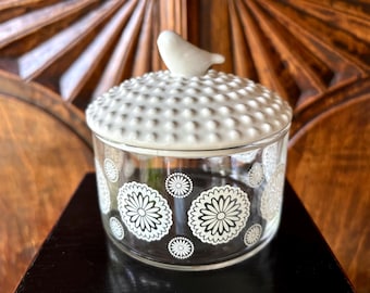 Decorative Ceramic & Glass Container with Bird Top and Flowers