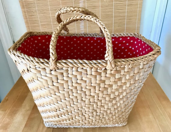 Red Polka Dot Lined Woven Straw Tote / Vintage Go… - image 1