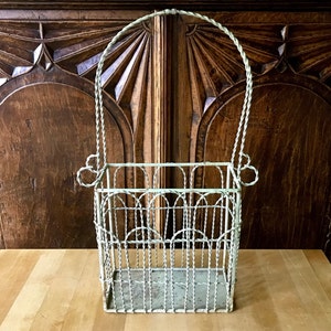 Vintage Shabby Sage Green Wrought Iron Wire Metal Basket / Garden Tool Basket / Flower Basket / Kitchen Utensil Basket / Patio Basket