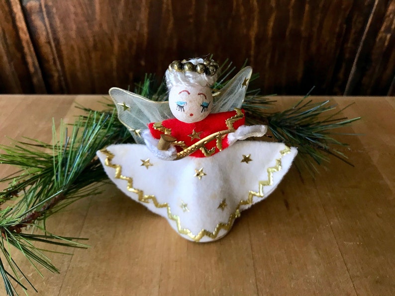 Vintage Christmas Angel with Wired Tulle Wings Spun Cotton Head and Felt Gown