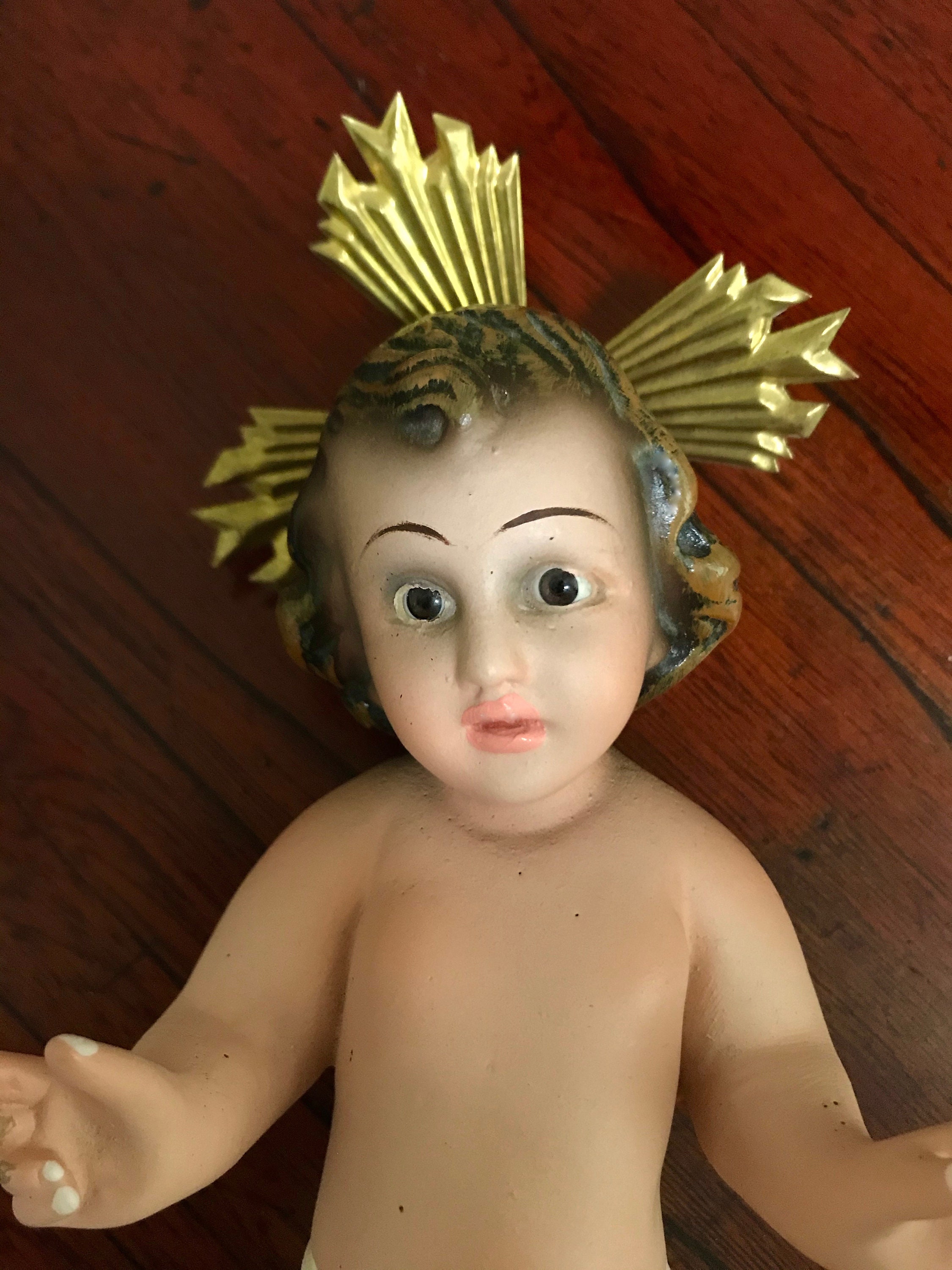 Vintage Baby Jesus Plaster Statue Figurine with Glass Eyes and Gold