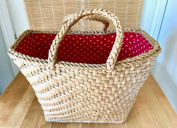 Red Polka Dot Lined Woven Straw Tote / Vintage Go… - image 3