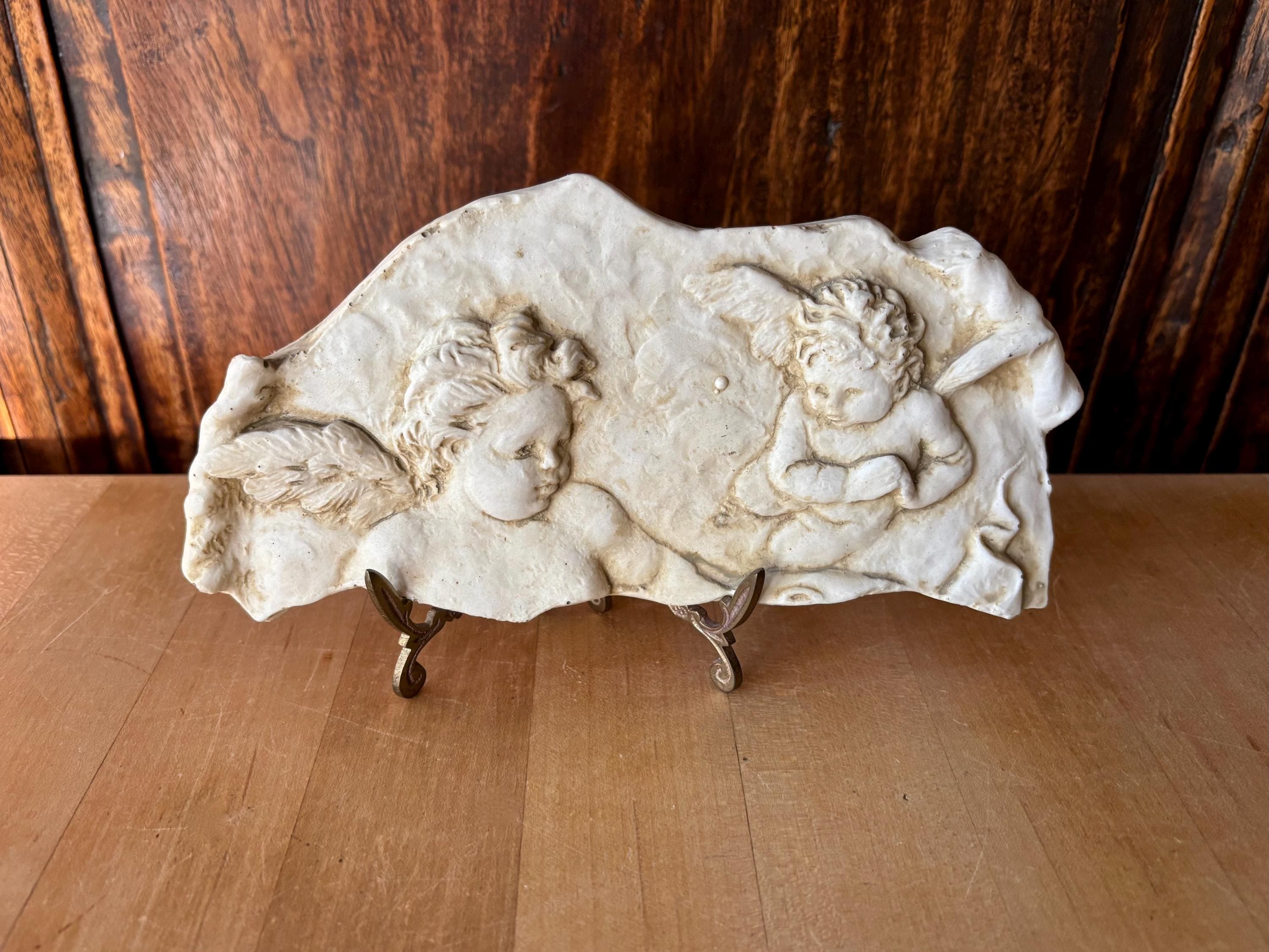 Vintage Cherub Angels Bas Relief with Decorative Brass Stand