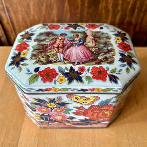 Vintage Octagon Shaped Hinged Floral Tin Box with Pictorial Scene Designed by Daher Made in England