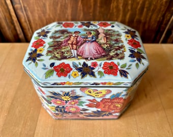 Vintage Octagon Shaped Hinged Floral Tin Box with Pictorial Scene Designed by Daher Made in England