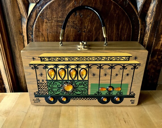 Rare Vintage Enid Collins Cable Car Wood Box Bag … - image 1