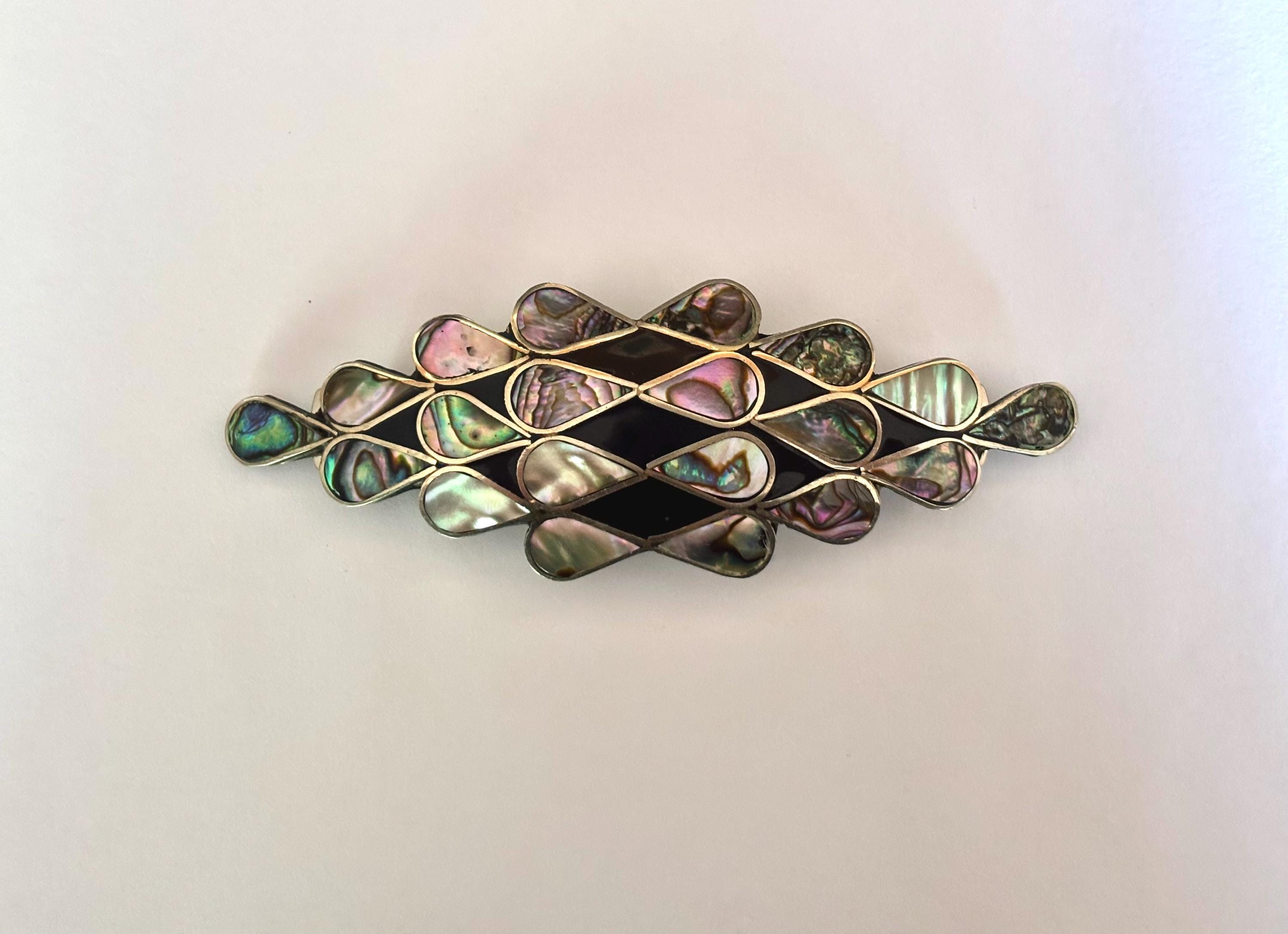Vintage Alpaca Abalone Shell Inlay Hair Barrette Barrette Clip Honey Orange Enamel Inlay Abalone & MOP Flower  main image 4