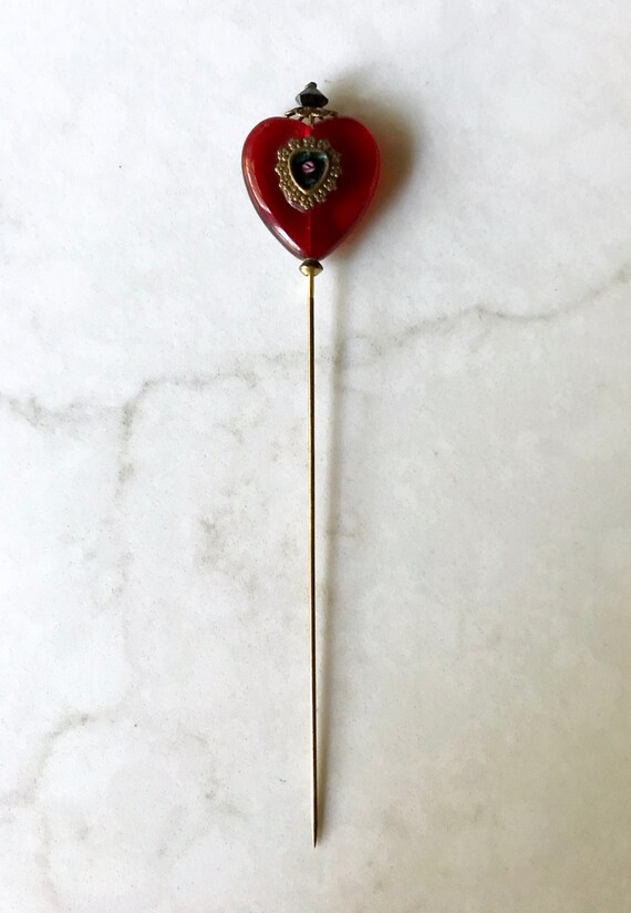 Antique Hat Pin with Red Glass Heart, Decorative … - image 3