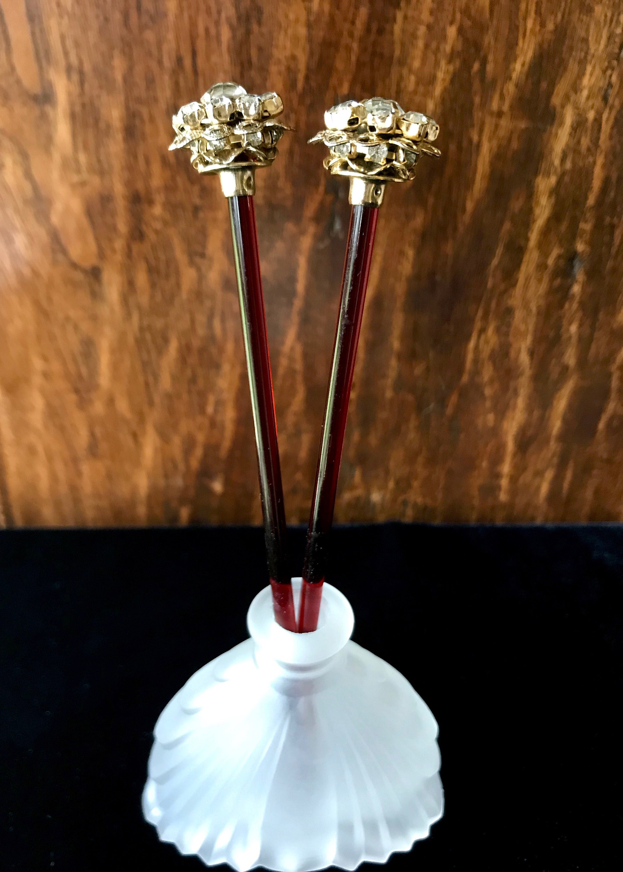 Antique Rhinestone Flower Hair Sticks: Gold Tone Bridal Updo  display picture 3