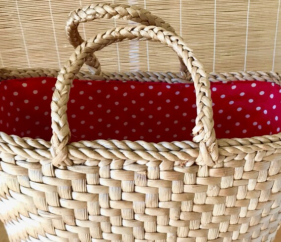 Red Polka Dot Lined Woven Straw Tote / Vintage Go… - image 8