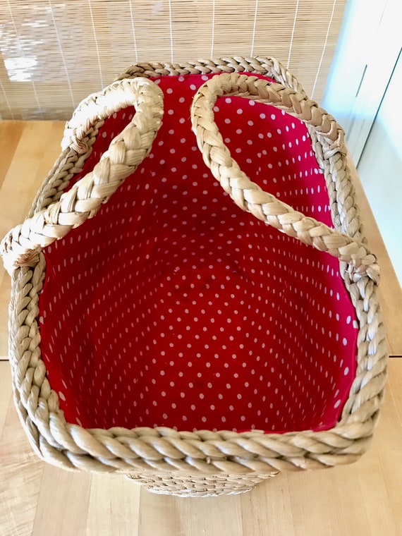 Red Polka Dot Lined Woven Straw Tote / Vintage Go… - image 5