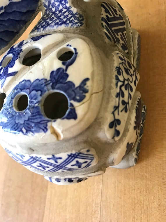 Nancy Lopez Mosaic Ceramic Blue & White Rabbit Flower Frog Vase