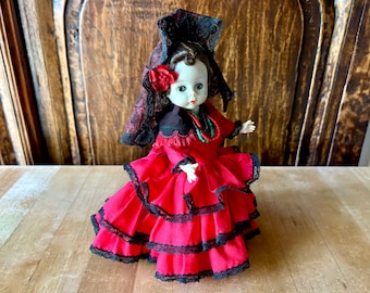 Vintage Spanish Madame Alexander Doll: Red Flamenco Dress, Mantilla, Doll Stand