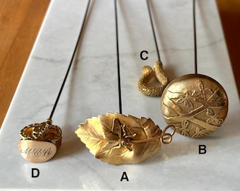 Antique Hat Pins: Leaf, Bumblebees, Fleur de Lis, Shepherd's Staff -