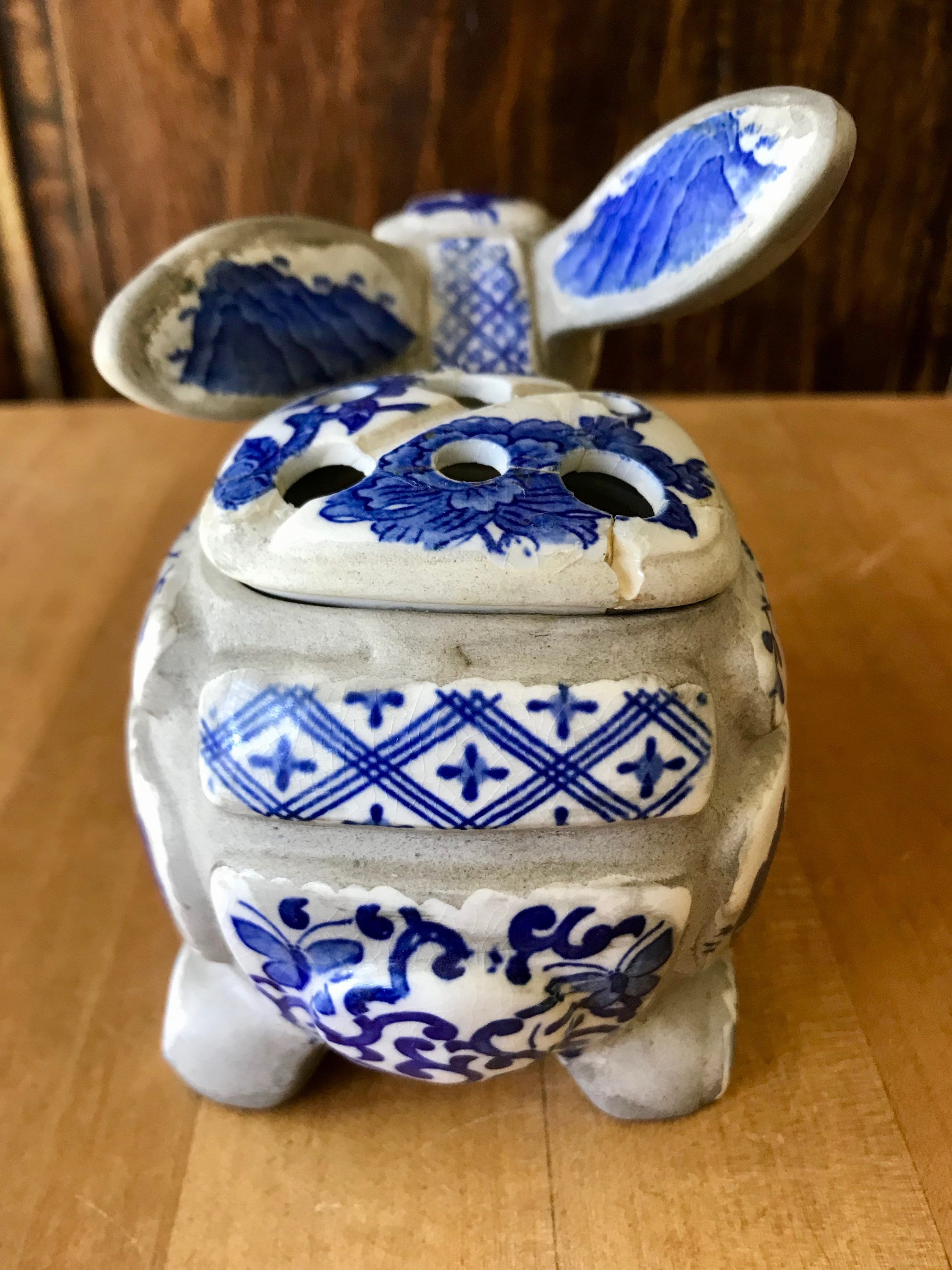 Nancy Lopez Mosaic Ceramic Blue & White Rabbit Flower Frog