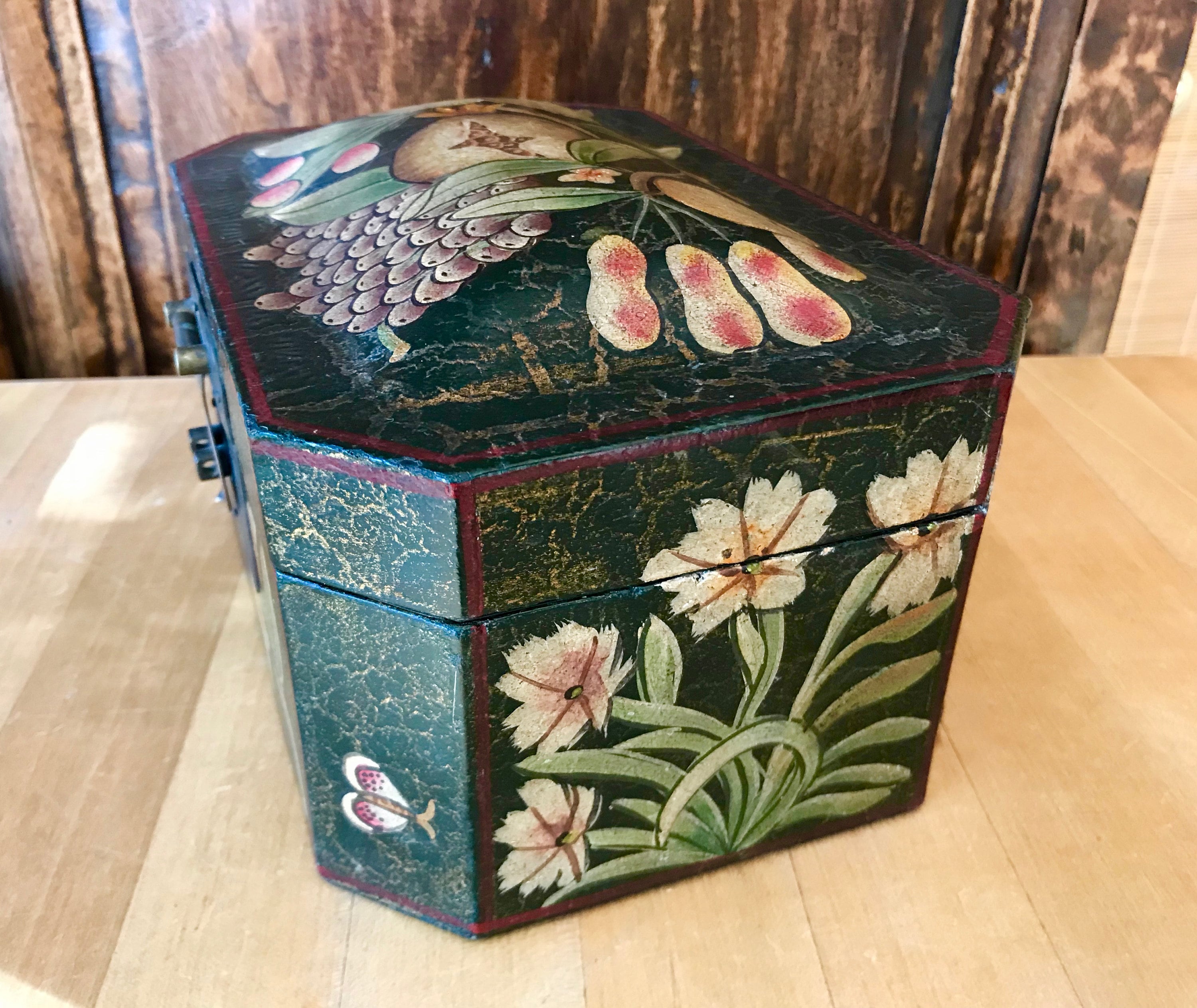 Decorative Vintage Wooden Box With Folk Art Painted Fruit