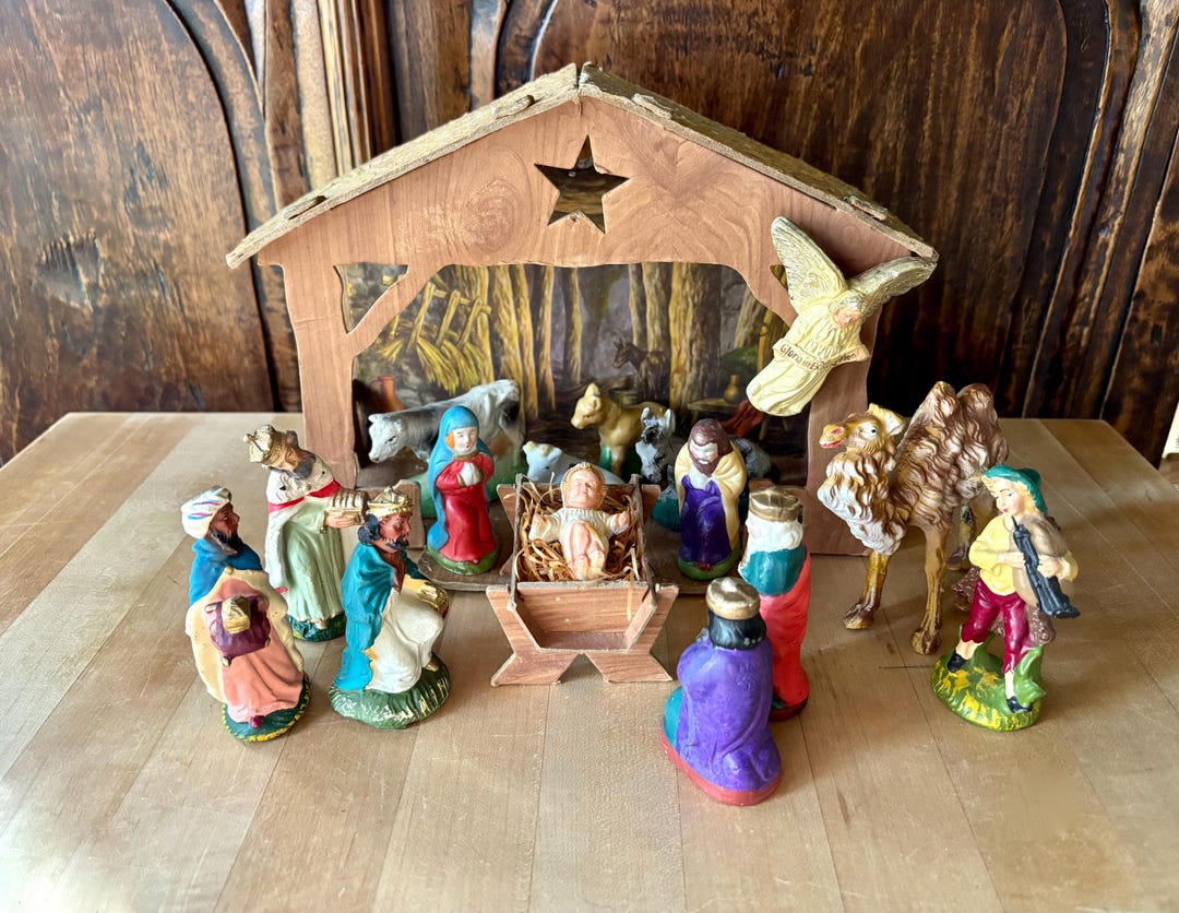 5 Miscellaneous Vintage Mid Century Nativity Scene Characters & A