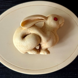 May include: A white ceramic rabbit figurine with red eyes. The rabbit is curled up in a sitting position with its head turned to the side.