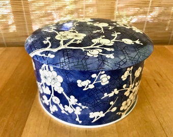 Daher Blue Round Tin Box with White Cherry Blossoms Made in England