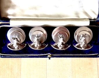 Antique Silver Rabbit Place Card Holders Chester 1911 by Sampson Mordan (Set of 4)