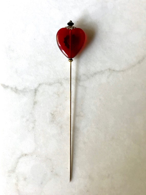 Antique Hat Pin with Red Glass Heart, Decorative … - image 4