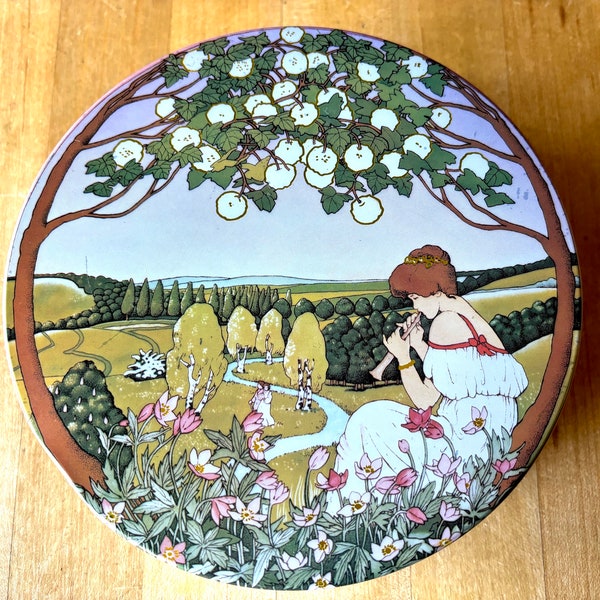 Rare "Spring" Pastoral Scene Round Tin Box marked L. Madlon