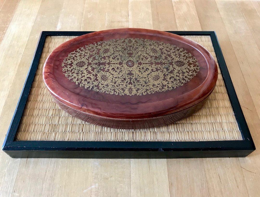 Bakelite Oval Covered Box With Gold Painted Embossed Lid / Made in ...