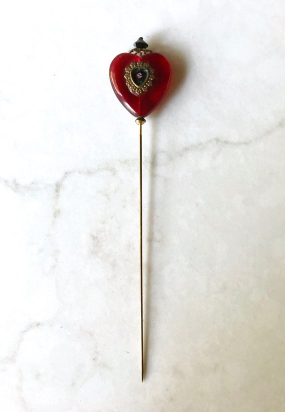 Antique Hat Pin with Red Glass Heart, Decorative … - image 1