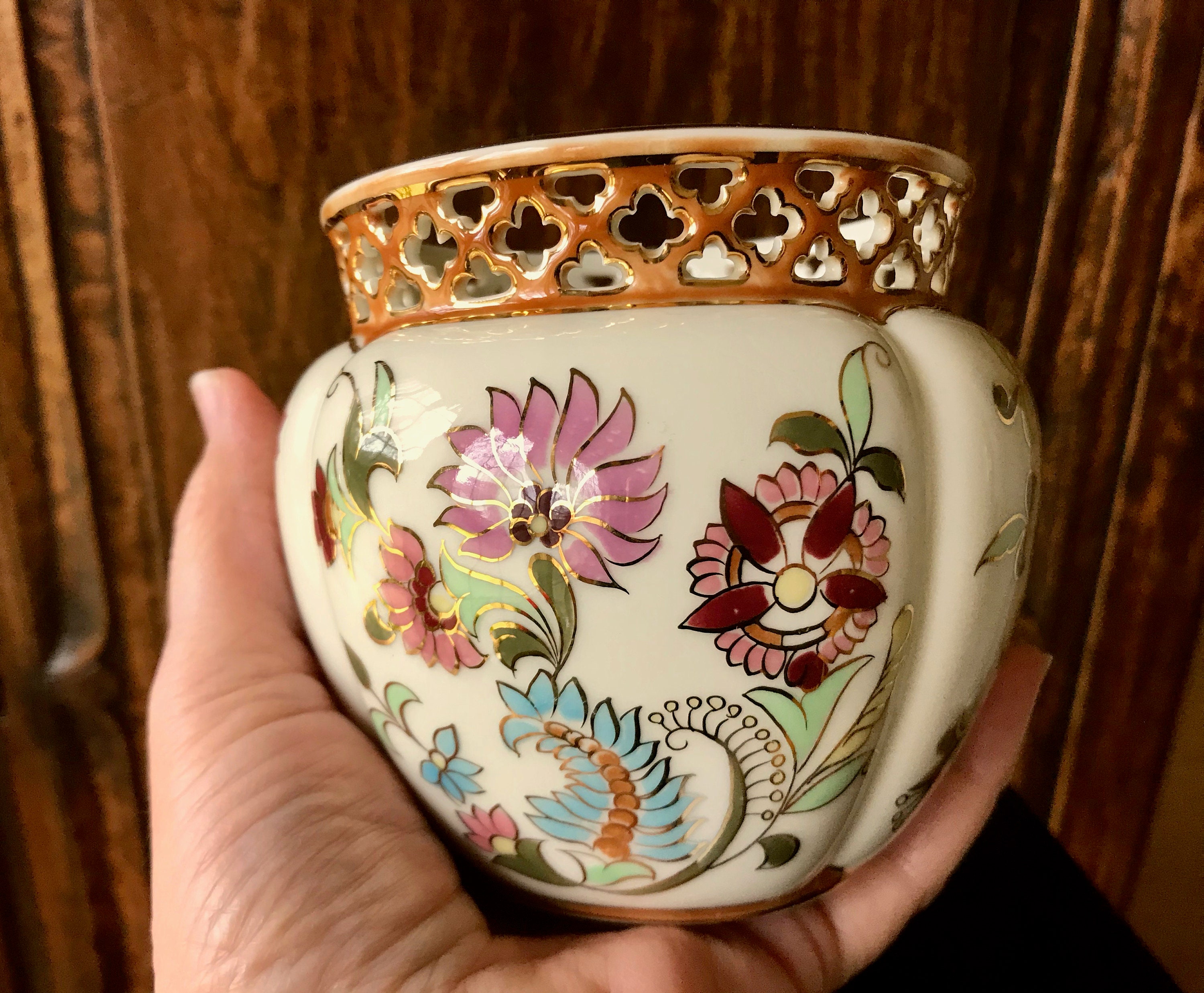 Zsolnay Hungary Porcelain Flower Vase With Reticulated Gold Etsy