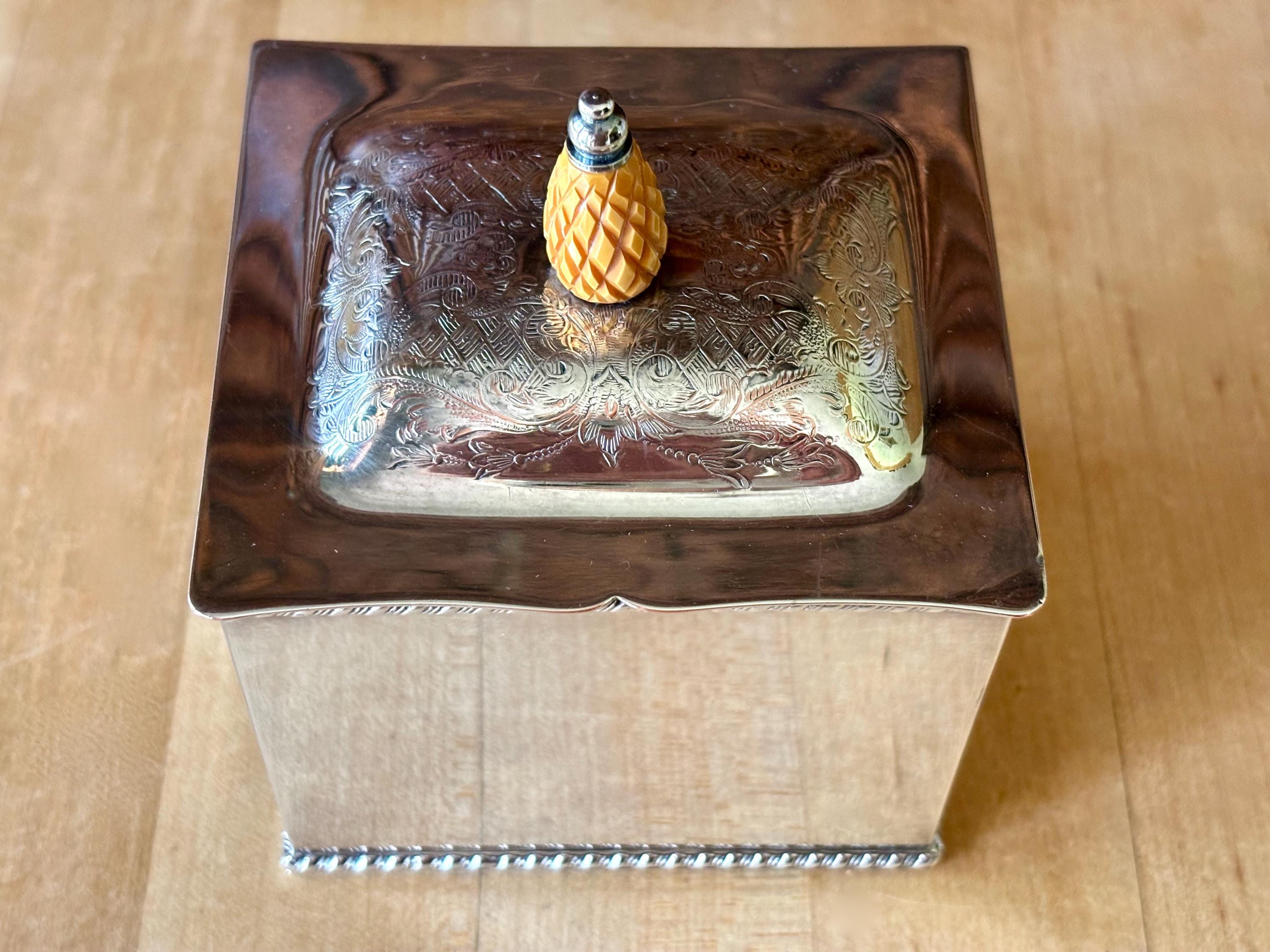 Vintage English Tea Caddy Box by Israel Freeman & Son with Pineapple Finial / Elegant Silver Plated Lidded Container