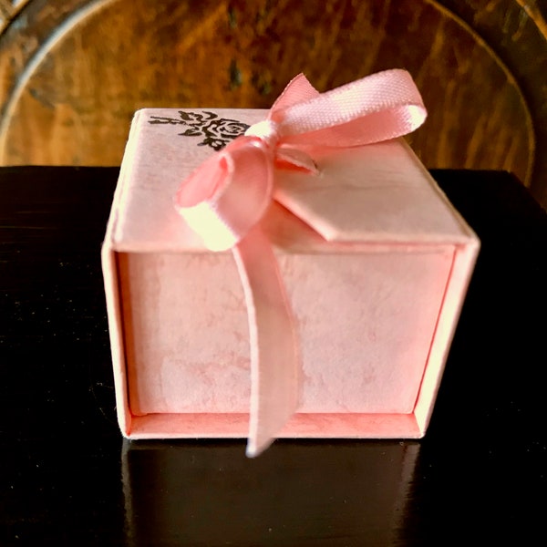 Ring Presentation Coral Pink Box with Silver Rose Decoration and Bow Closure