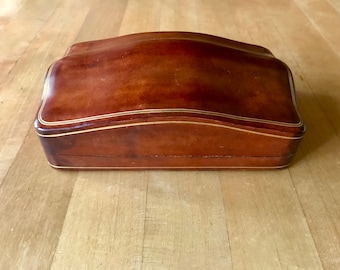Antique Brown Leather Humpback Box with Gilt Tooled Decoration