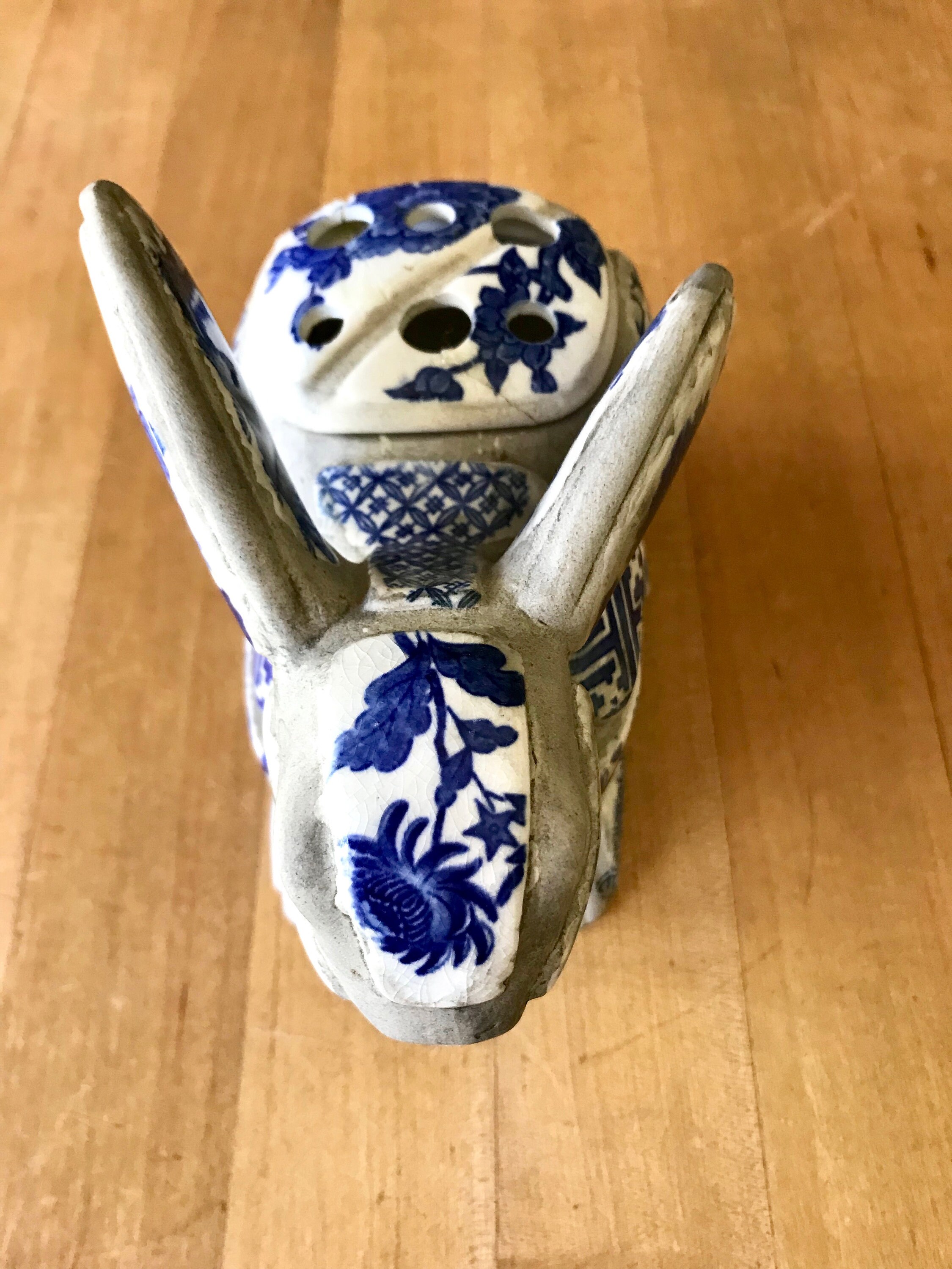 Nancy Lopez Mosaic Ceramic Blue & White Rabbit Flower Frog Vase