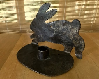 Rustic Folk Art Cut Out Metal Rabbit Candle Holder