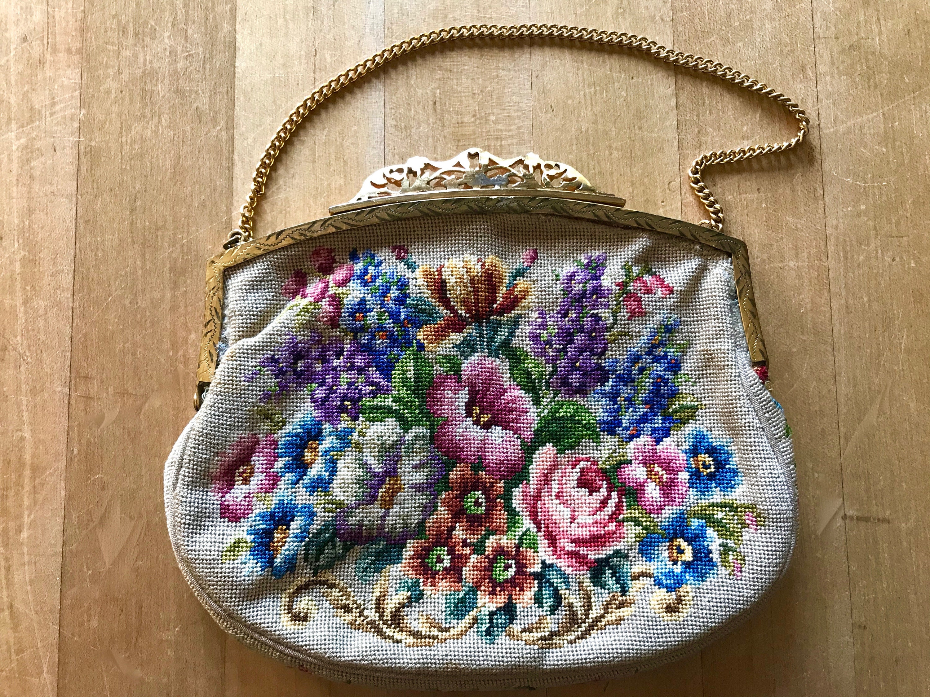 Vintage Floral Peti Point Handbag With Decorative Gold Metal - Etsy