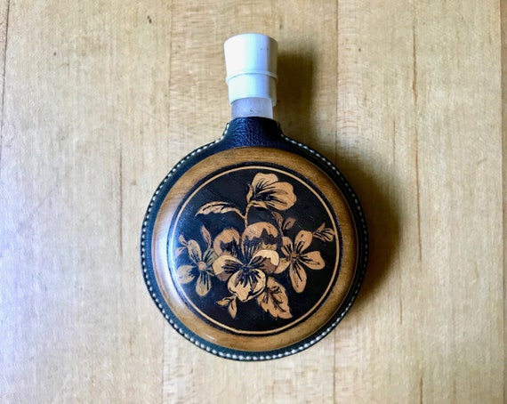Antique Scent Bottle with Wood Inlay Floral Desig… - image 1