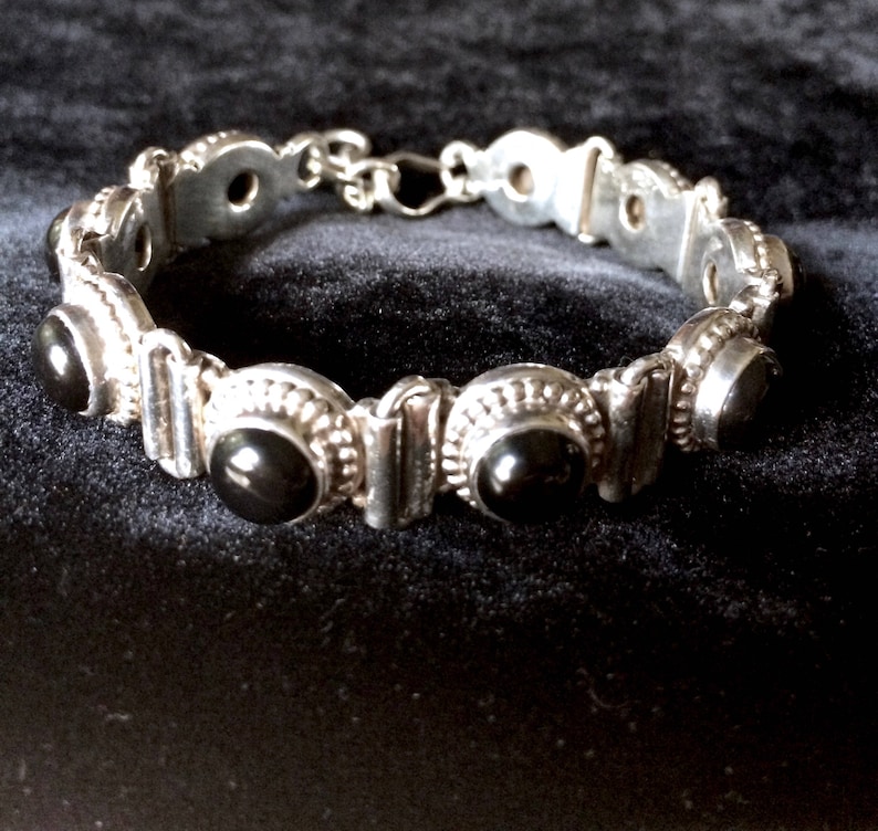 Mexico Black Onyx Cabochon and Sterling 925 Silver Link Vintage Bracelet Anniversary Gift Gift for Her