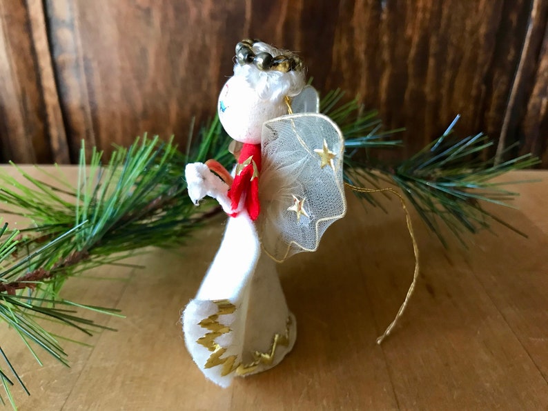 Vintage Christmas Angel with Wired Tulle Wings Spun Cotton Head and Felt Gown
