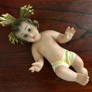 Vintage Baby Jesus Plaster Statue Figurine with Glass Eyes and Gold Crown Halo