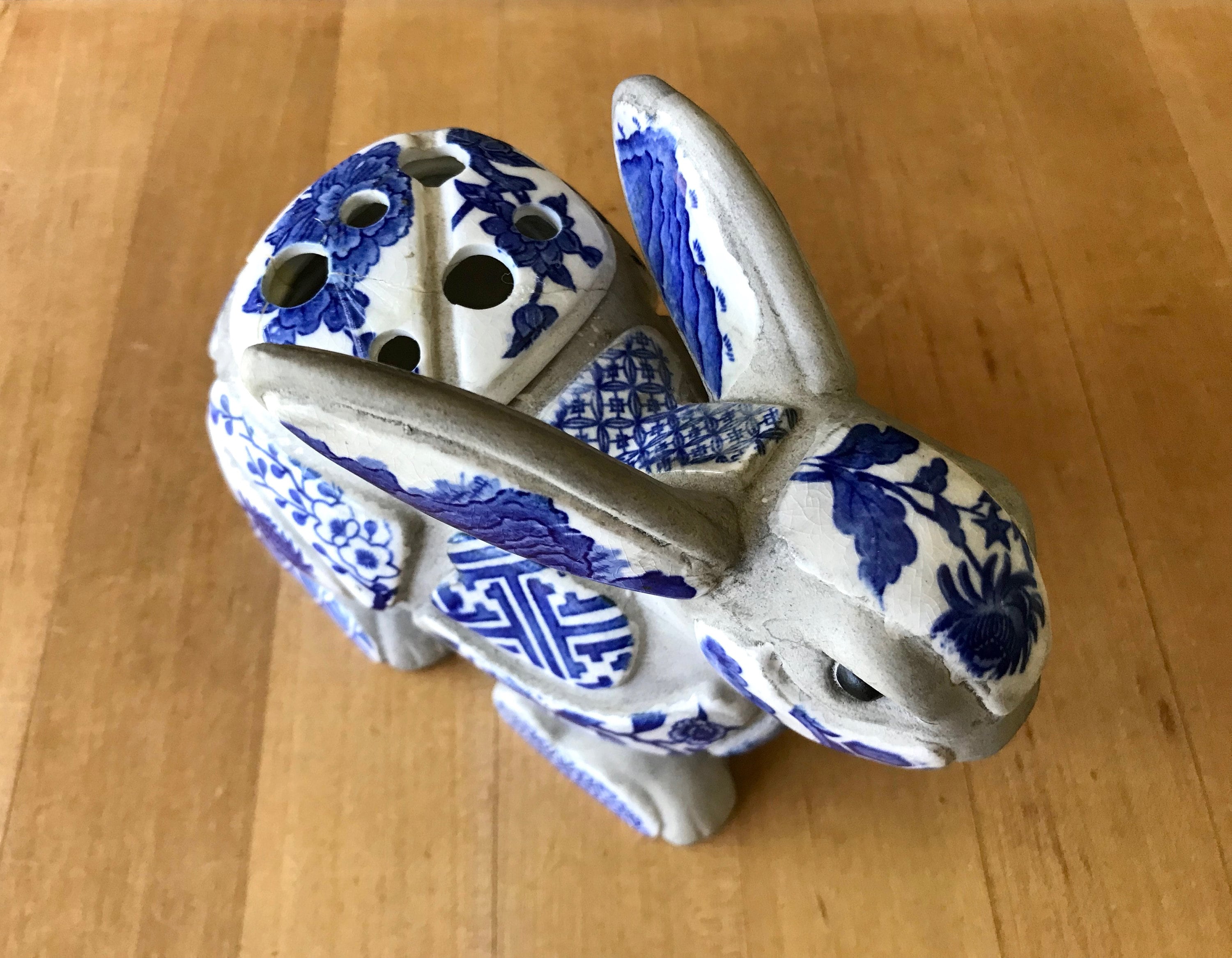 Nancy Lopez Mosaic Ceramic Blue & White Rabbit Flower Frog