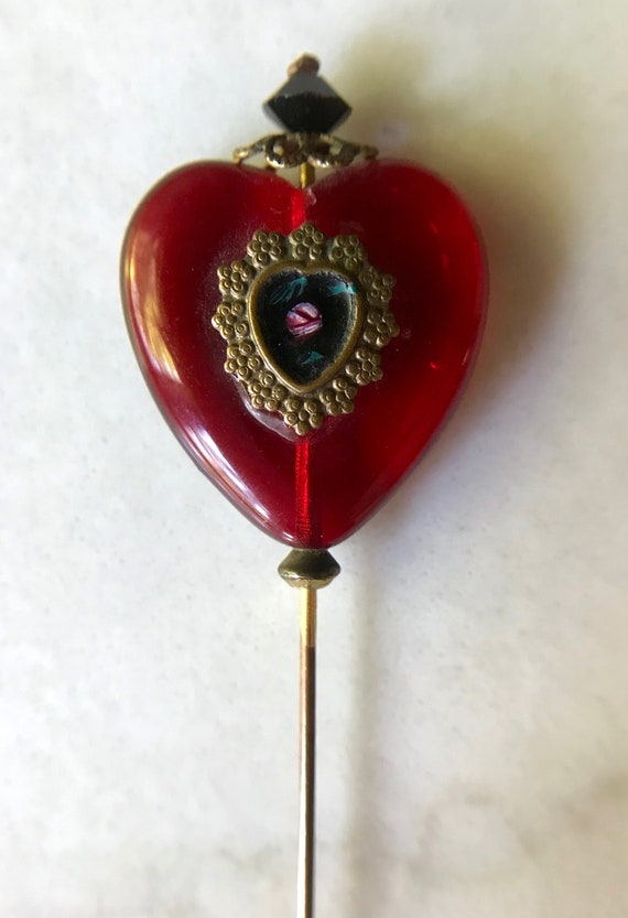 Antique Hat Pin with Red Glass Heart, Decorative … - image 2