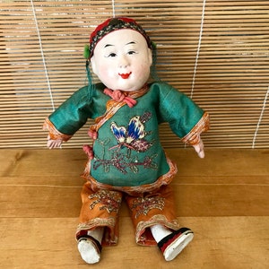 Antique Chinese Paper Mache Boy Doll with Decorative Silk Clothing / Traditional Asian Doll
